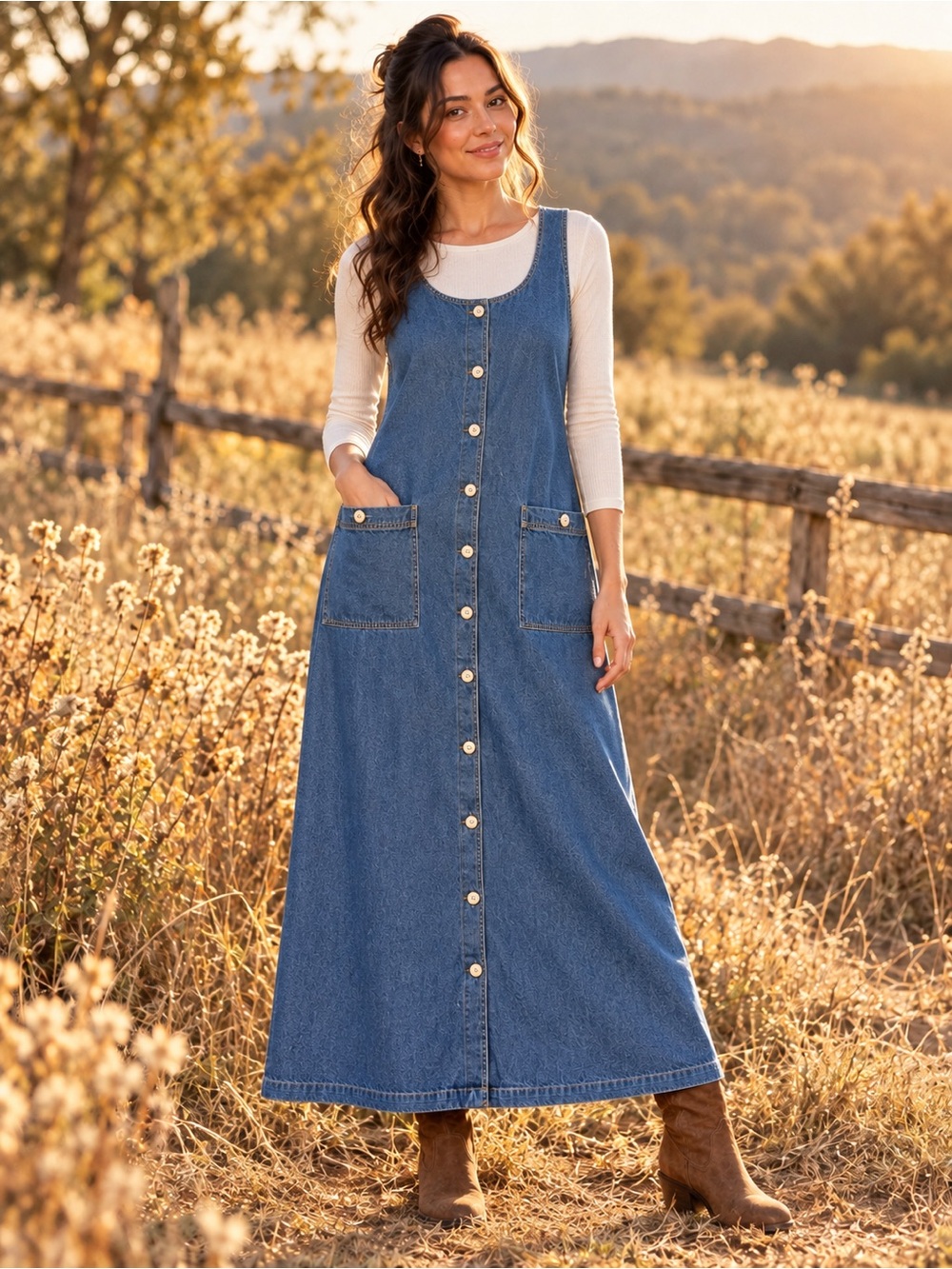 Vintage True Blue 100% Cotton Button Front Denim Maxi Dress Medium